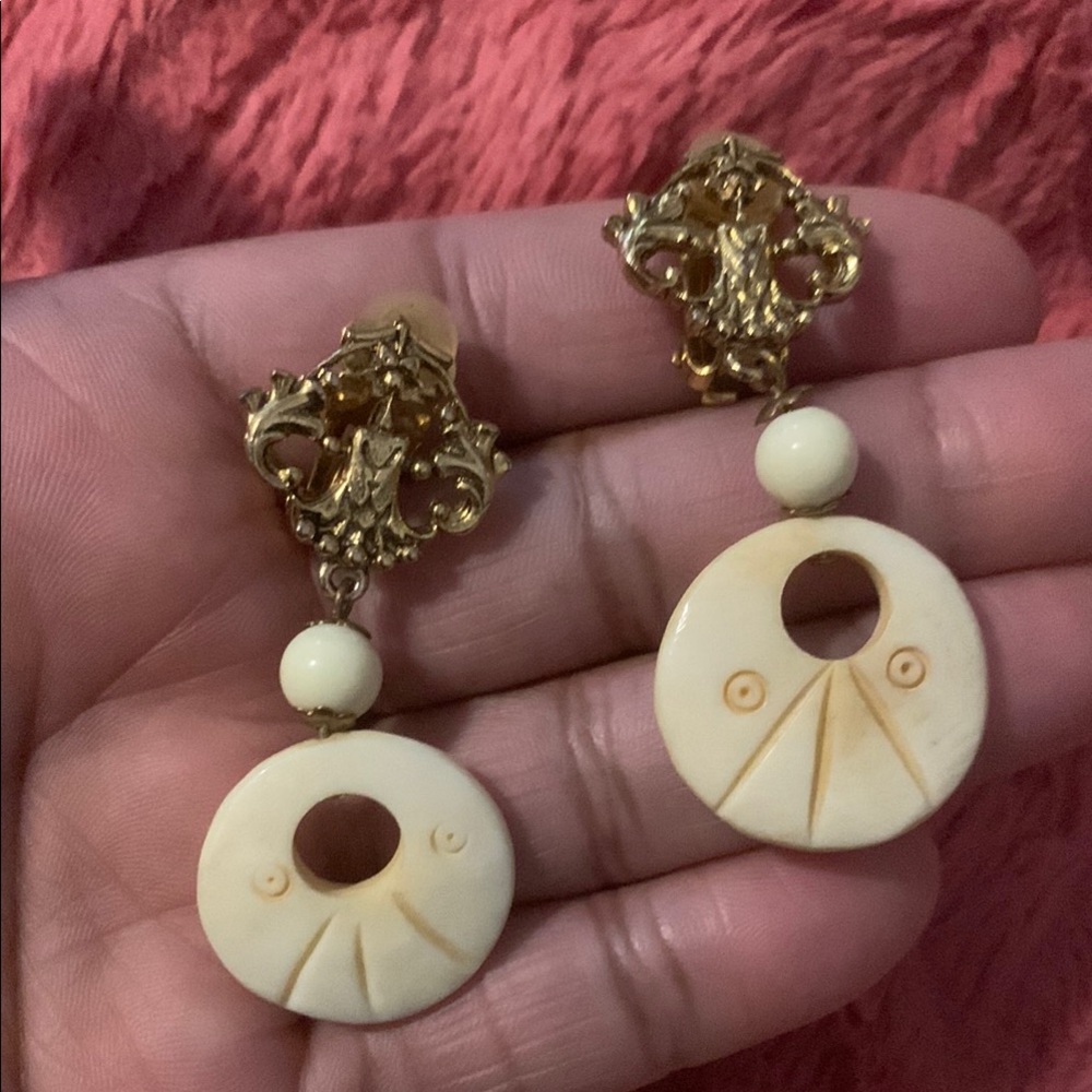 Vintage Gold and Bone Clip on Earrings